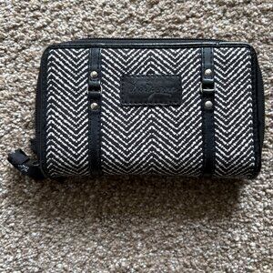 Retired Thirty One Wallet Wristlet Double Zip Crossbody Black White Herringbone